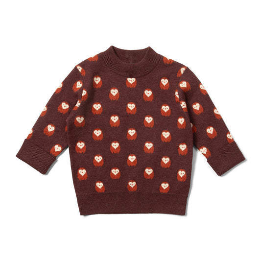 Dark brown owl-patterned organic cotton knit top | Little Green Radicals