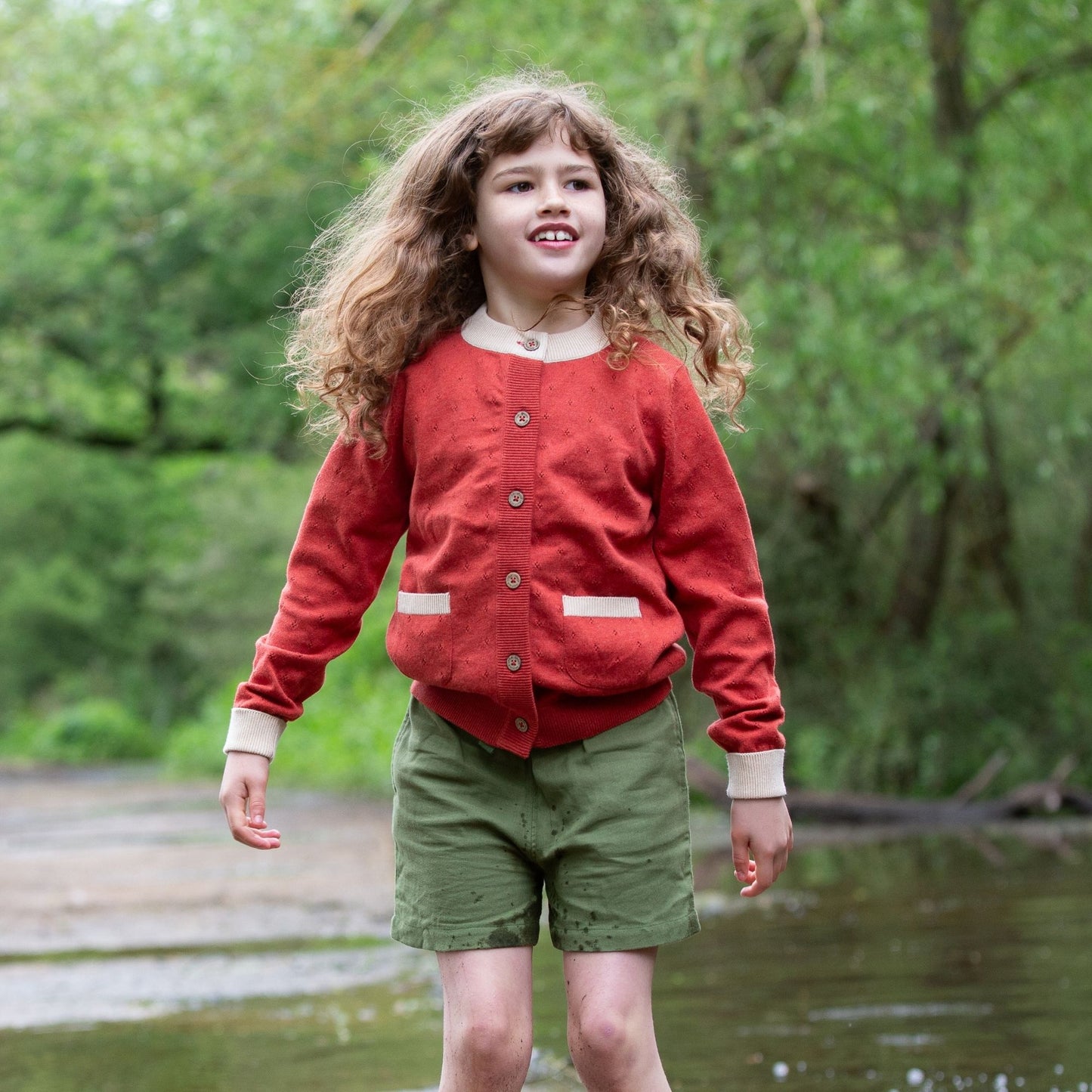 預購童裝 ☕︎ 紅桔 小花鏤空針織外套 ｜Little Green Radicals 有機棉